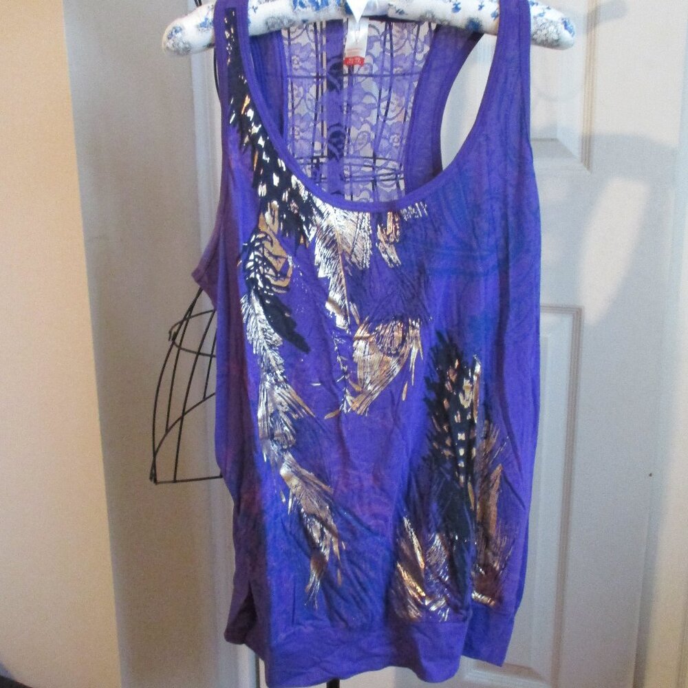 Ladies Purple Sleeveless Tank Top Lace Back with Gold Metallic Leaf Design XL